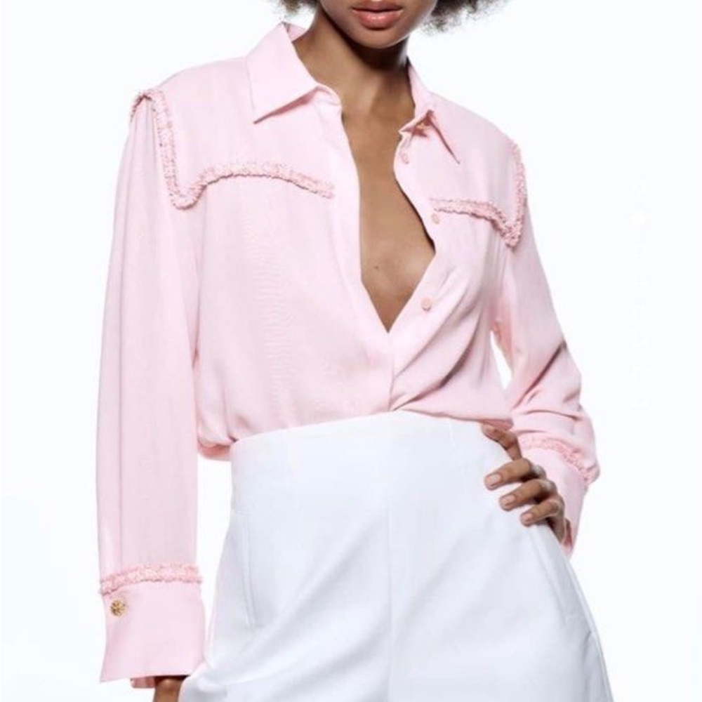 Zara Pink Ruffled Notched Collar Blouse